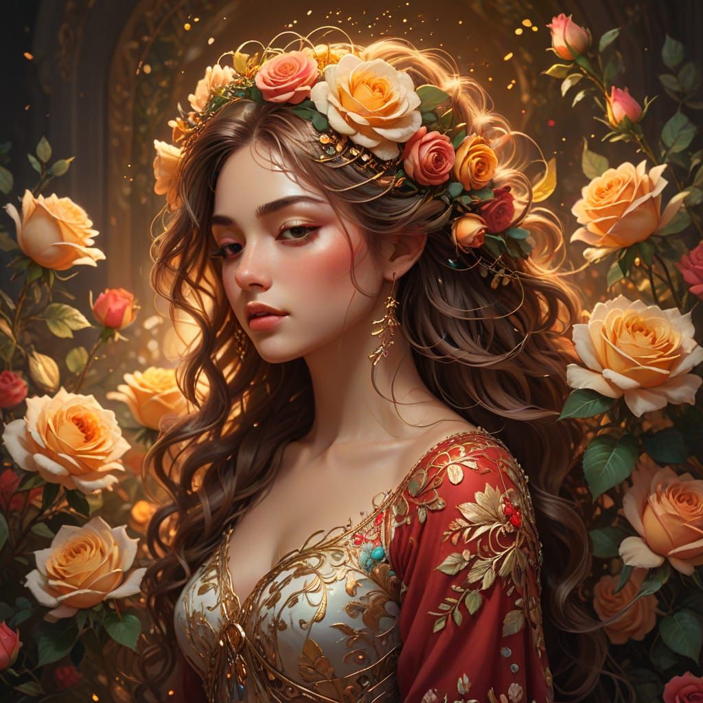 Young Woman Adorned With Roses in Golden Hour Light