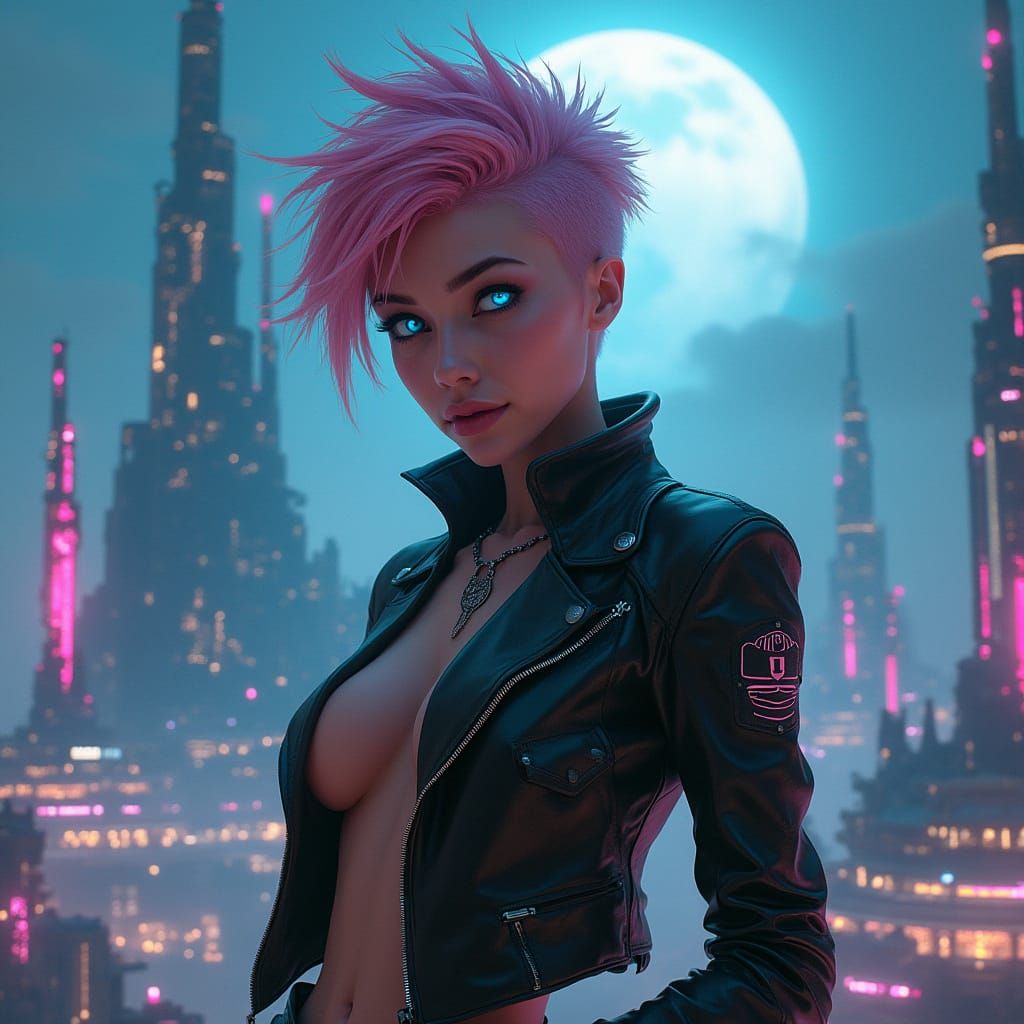 Confident Cyberpunk Woman in Futuristic Lunar Cityscape