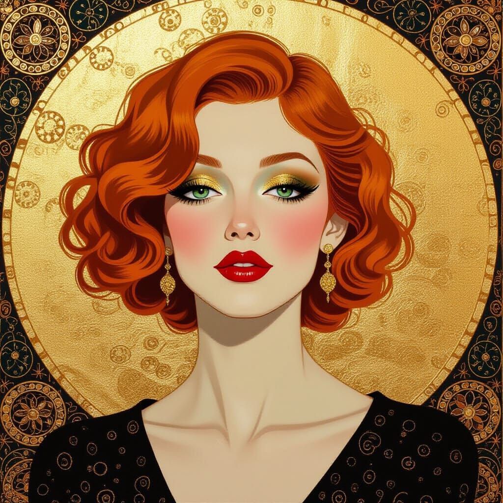 Golden Woman with Strawberry Blonde Hair in Klimt Style