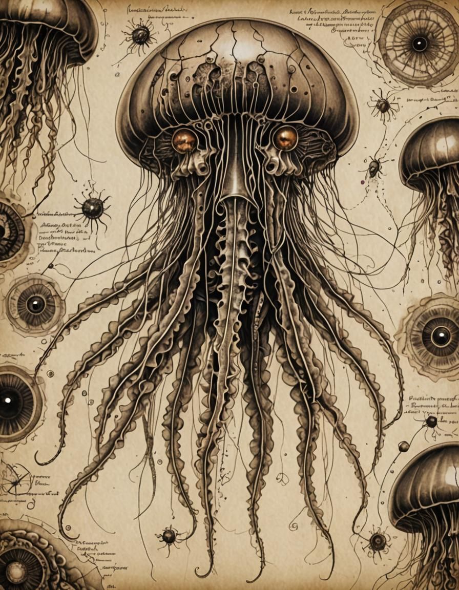 Cybernetic Portuguese Man-of-War Anatomical Diagram in Sepia...