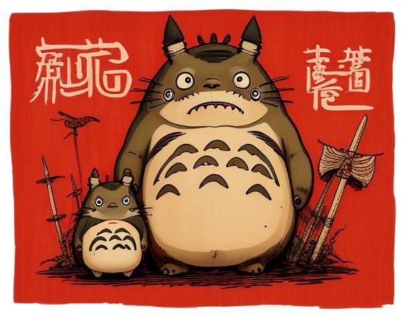 Vibrant Red Totoro Print, Ancient Japanese Woodcut Art