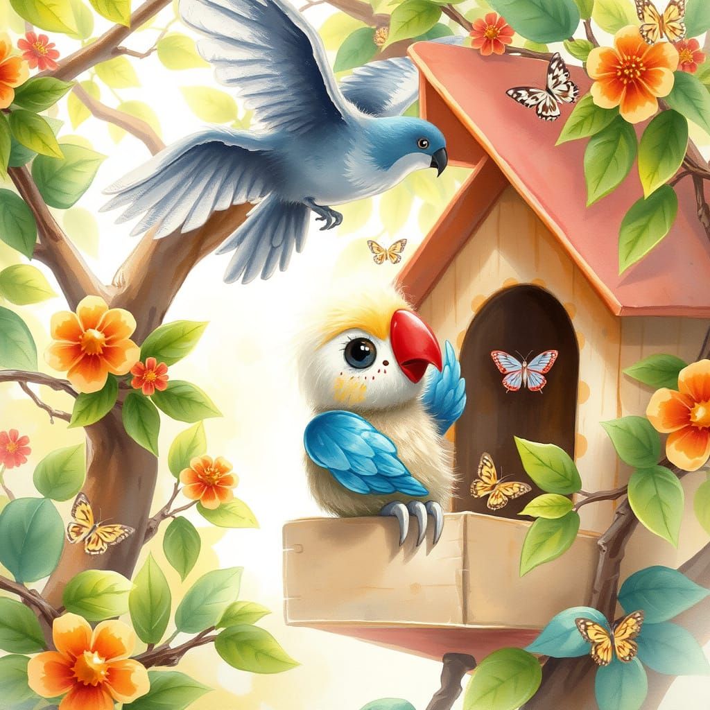 Toy Parrot in Birdhouse: Pastel Watercolour Illustration