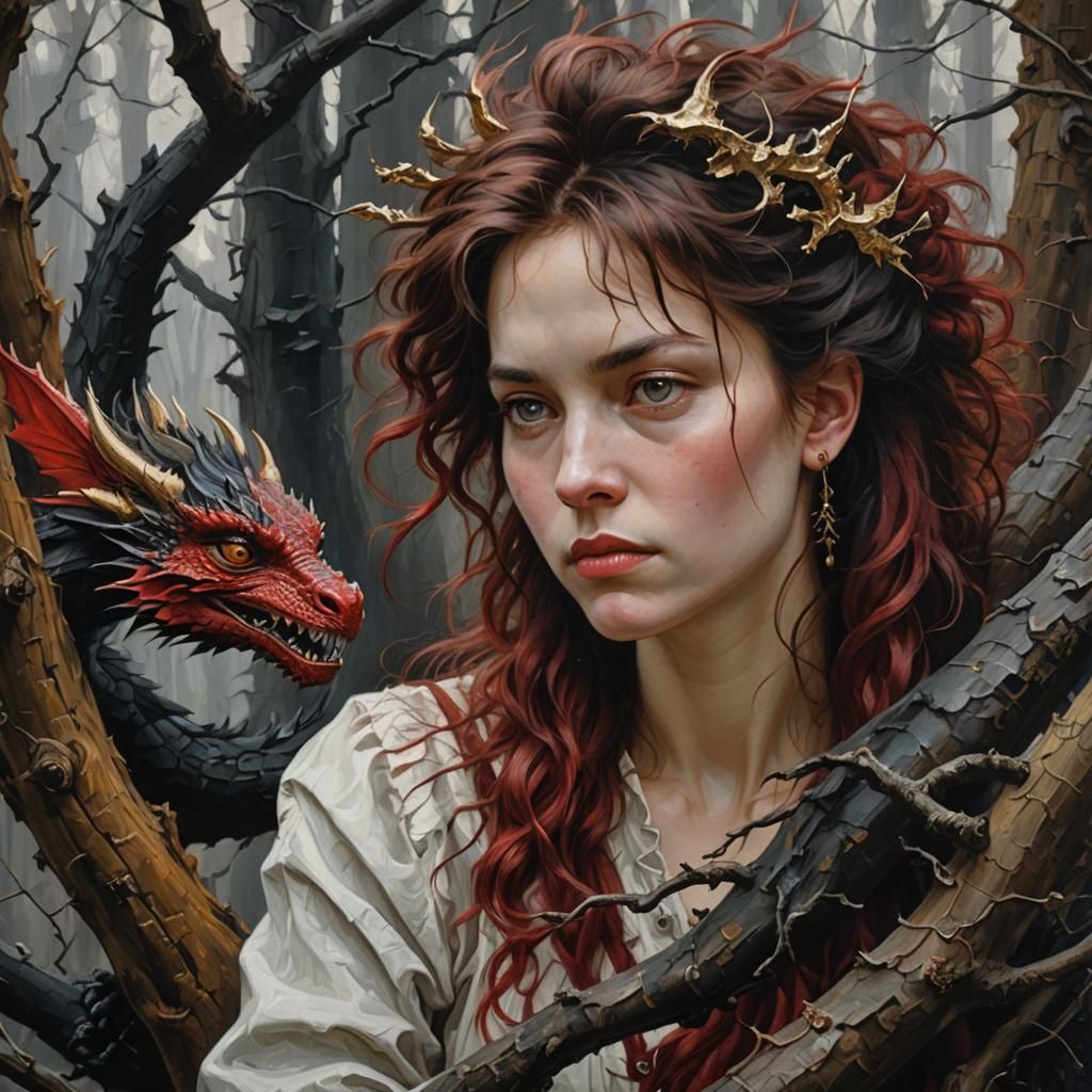 Young Woman Contemplates a Tiny Dragon in a Dark Fantasy Lan...