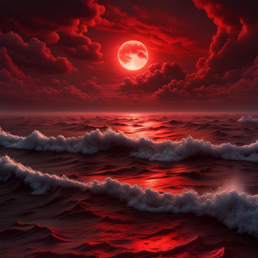 Blood Moon over the Ocean in Dark Fantasy Concept Art