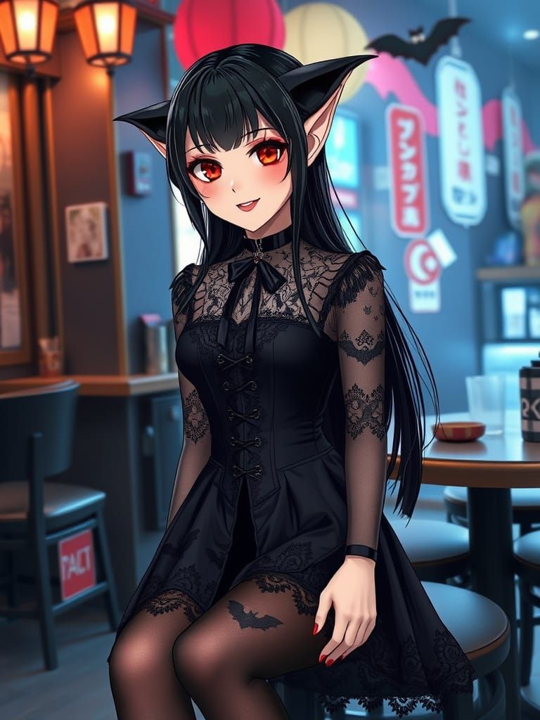 Gothic Vampire Girl with Hyperrealistic Elf Ears and Chic Go...