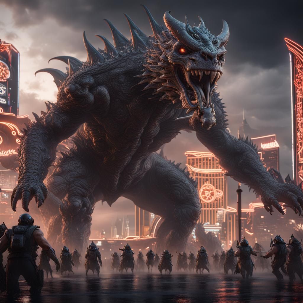Cyberpunk Raiders Kaiju Rising Over Las Vegas