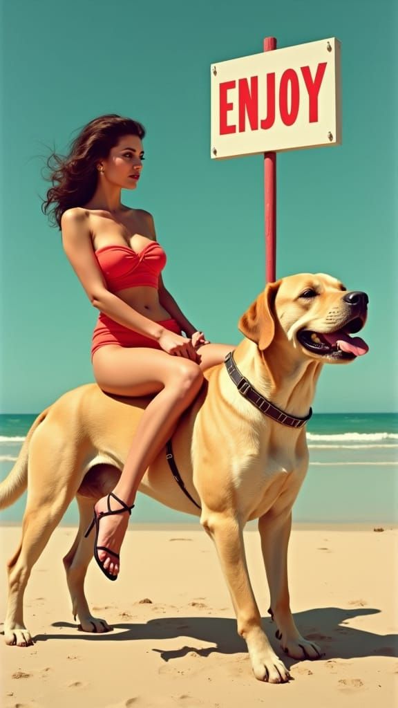 hyper-realiatic PopArt from Mel Ramos of Woman on HotDog with one sign reading "ENJOY", imperial colors