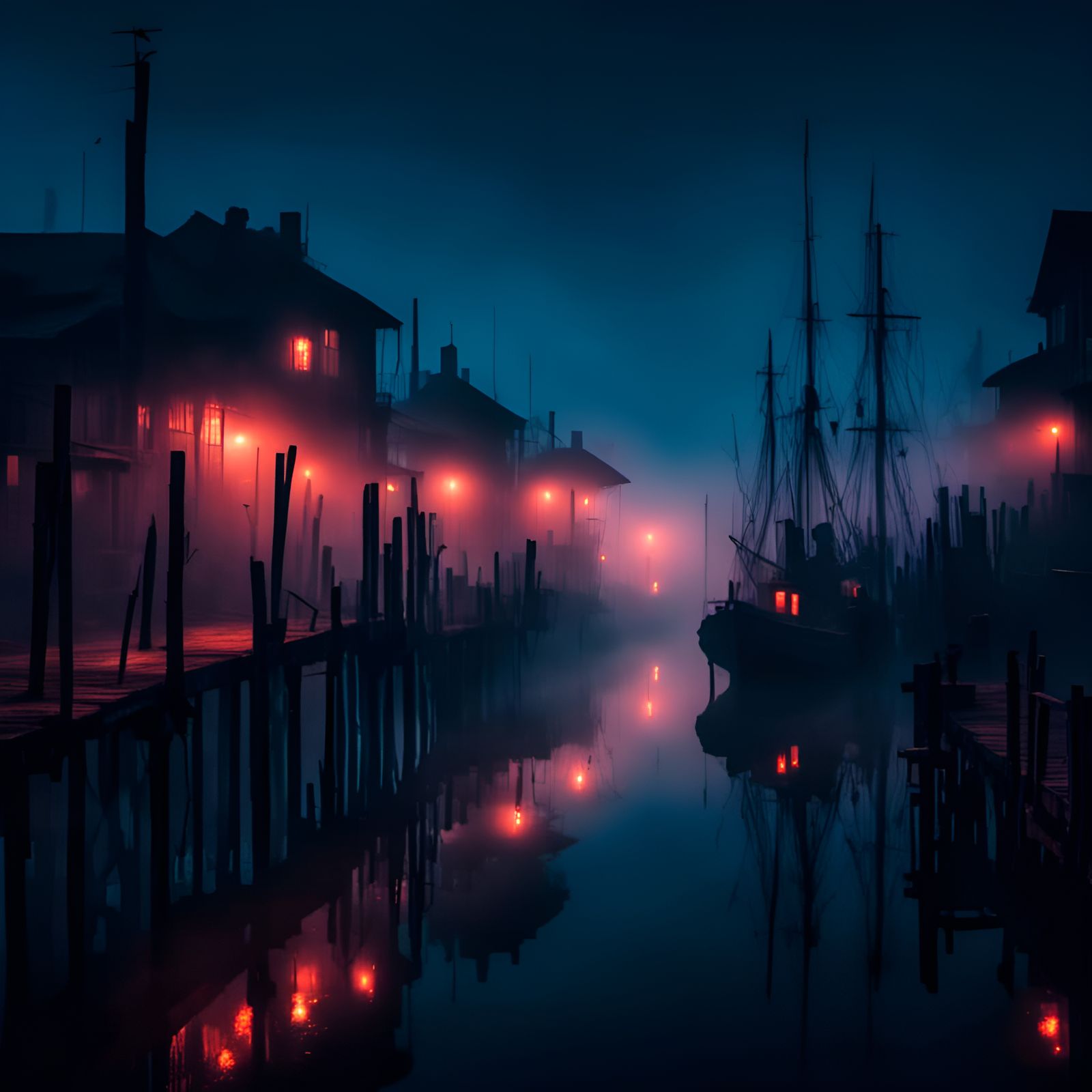 Bucolic Harbor at Dusk, Shrouded in Red Mist