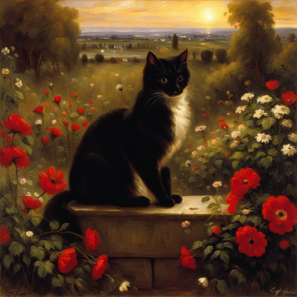 Whimsical Landscape with Feline and Floral Elements