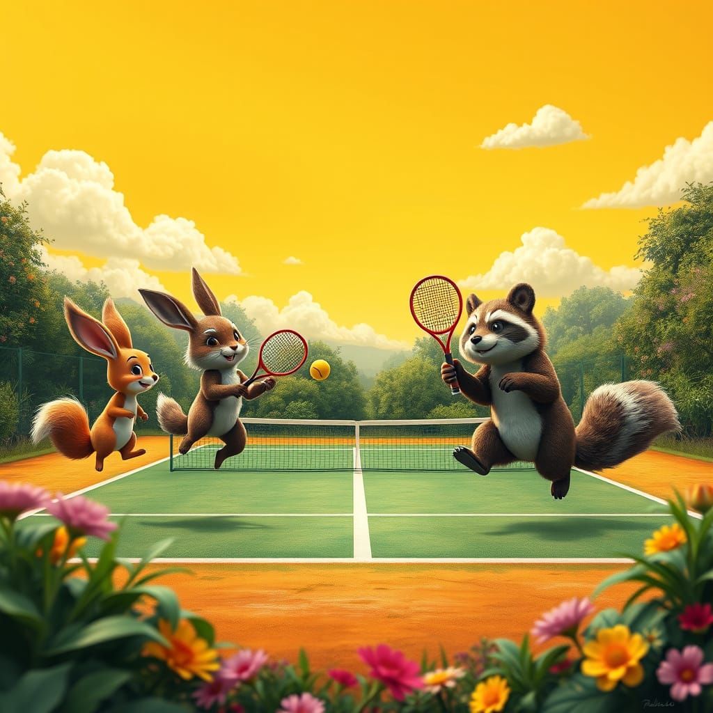 Playful Animal Tennis Match in Whimsical Fantasy Landscape