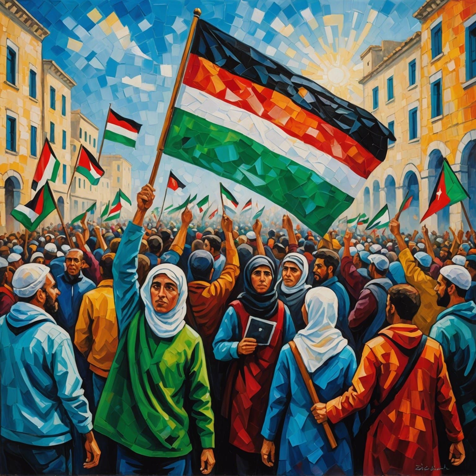 Epic diverse Protesters holding Palestinian flag. “Free Palestine”.  bathed in holy light god rays. Neo-impressionism ex...