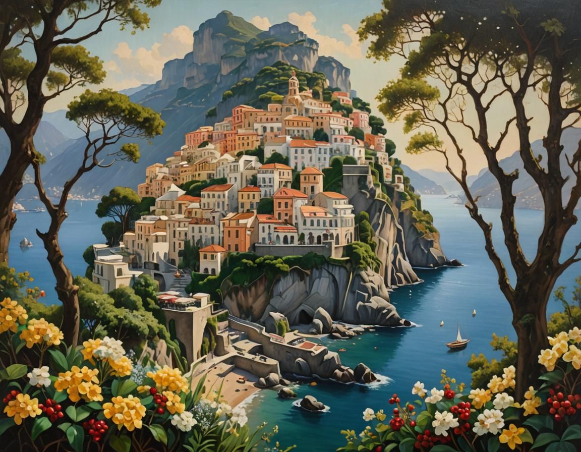 Amalfi Coast in Elegant Jugendstil Oil Painting