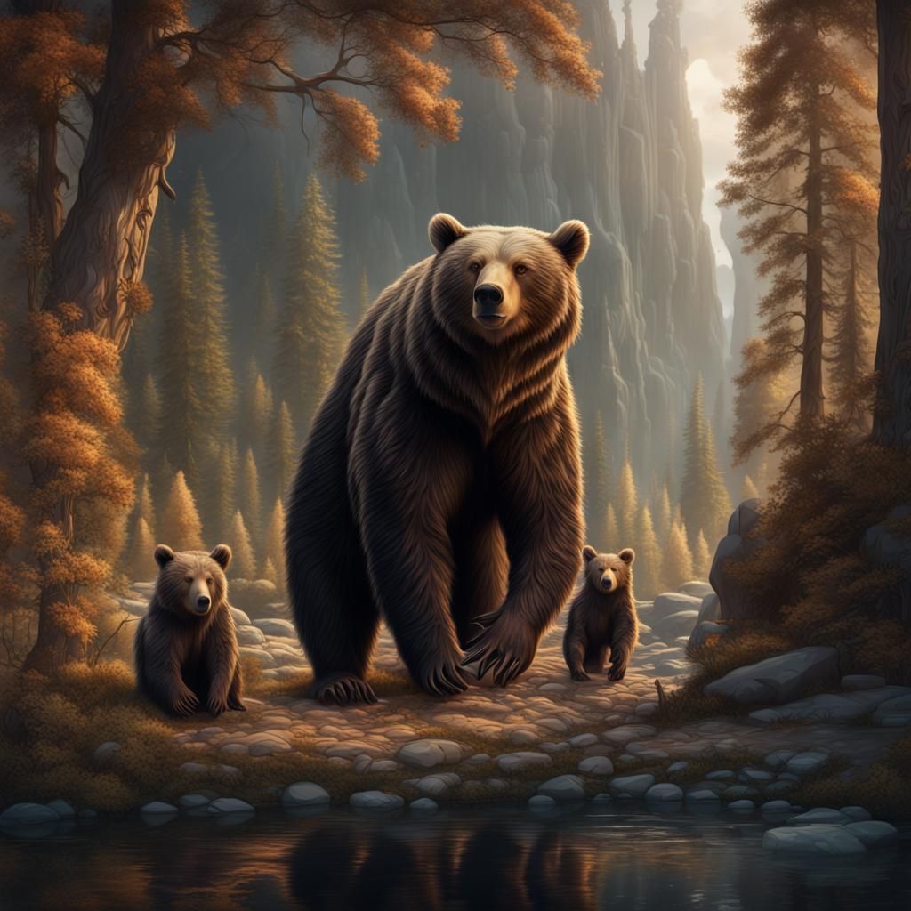 Fantastical Bear Family in Whimsical Landscape