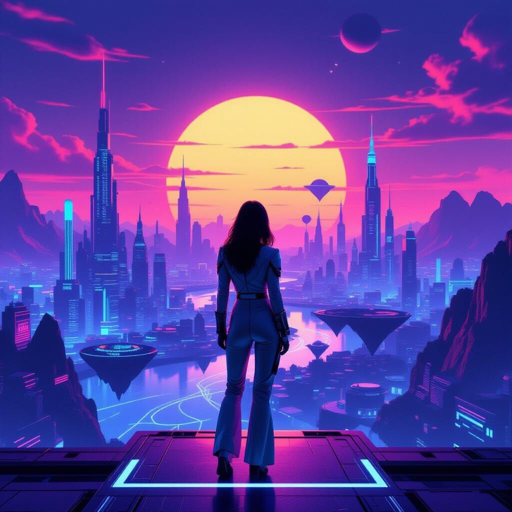 Woman on Holographic Platform Overlooking Neon Metropolis