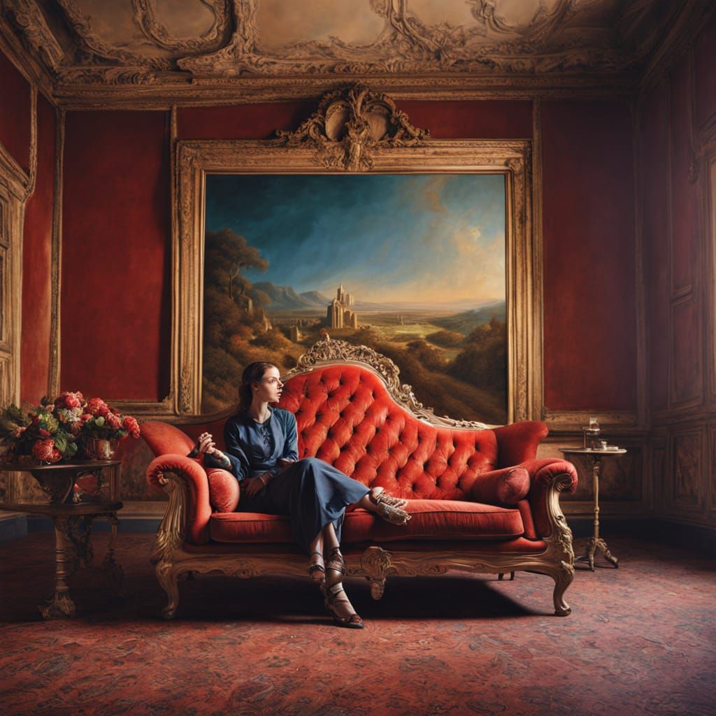 Surrealistic Oil Painting of a Young Woman Holding a Strawbe...