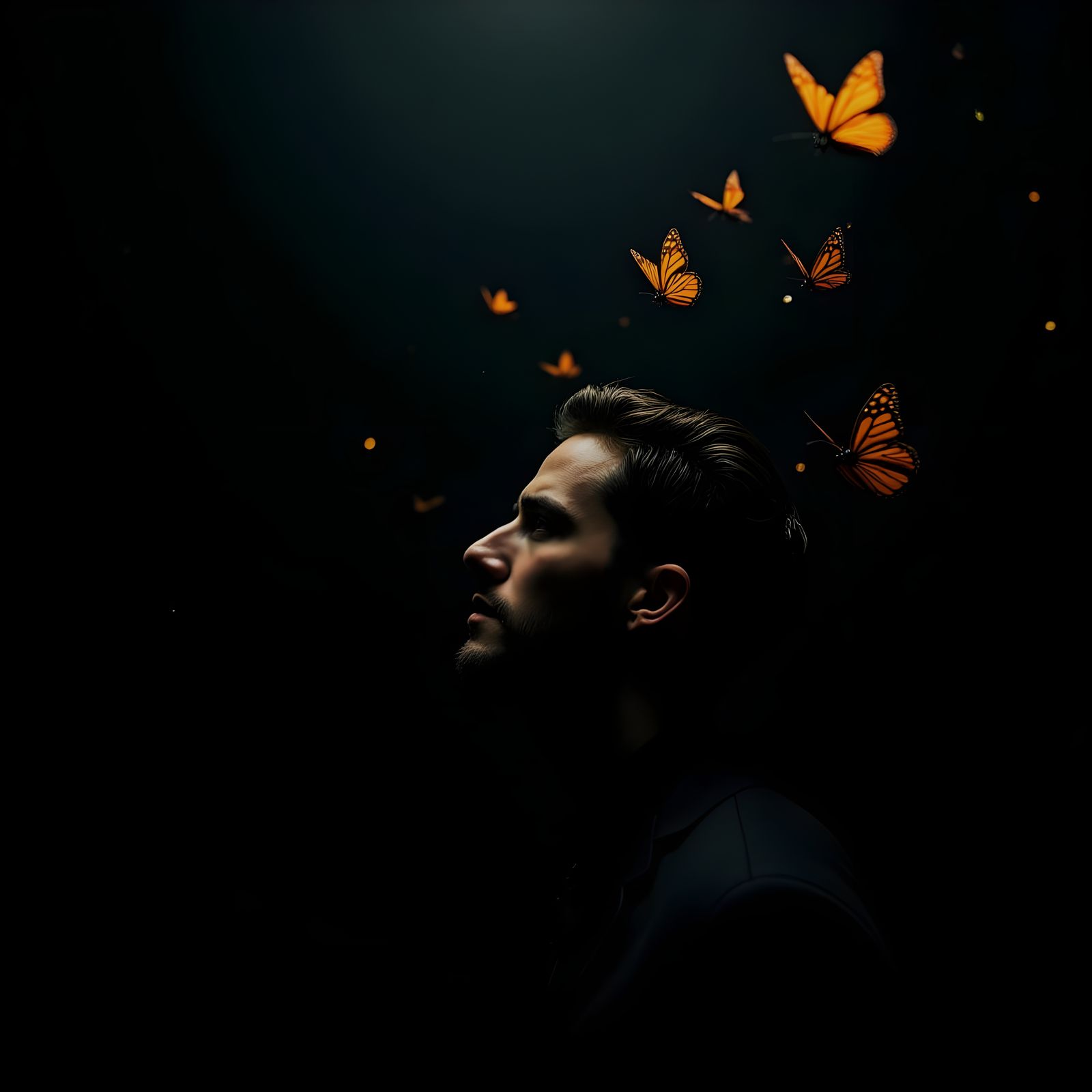 Ethereal Male Profile in Darkness, Surrounded by Dancing But...