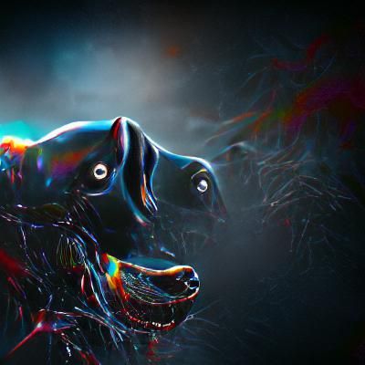 Mysterious Black Dog in a Futuristic Cityscape