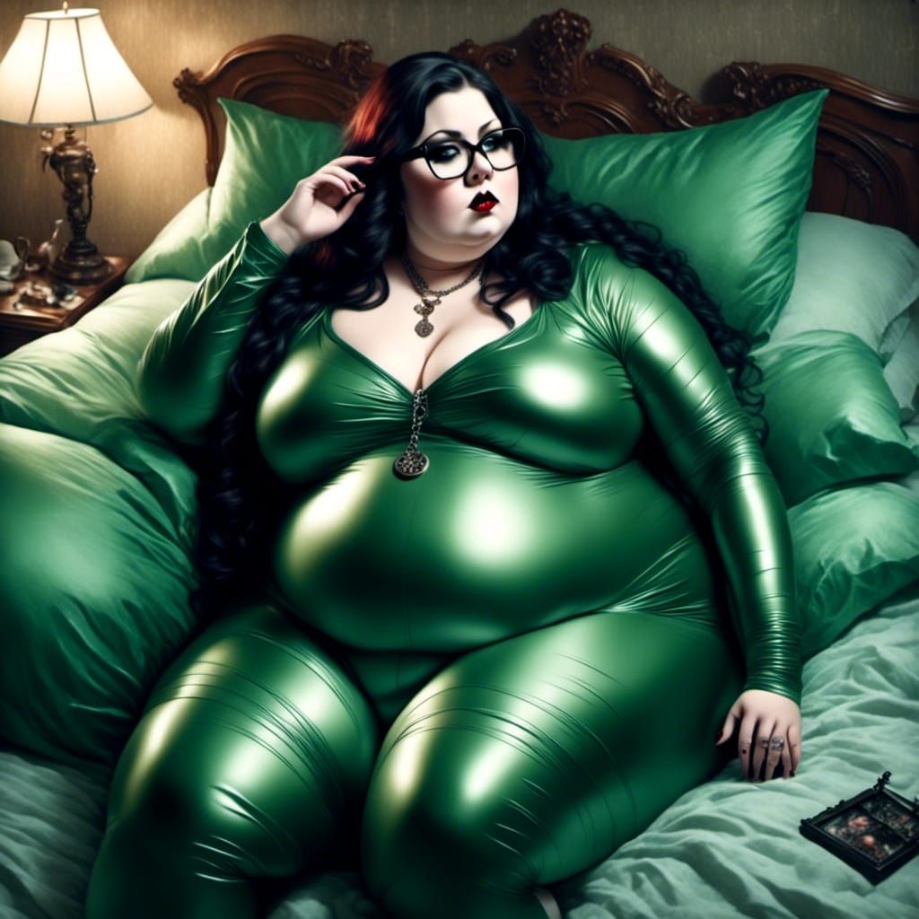 Gothic Bbw Woman in Green Latex Catsuit