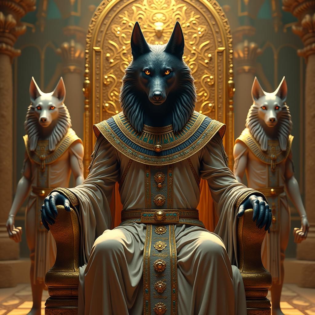 Ancient Egypt God of Wolves Standing Guard in Opulent Linen....