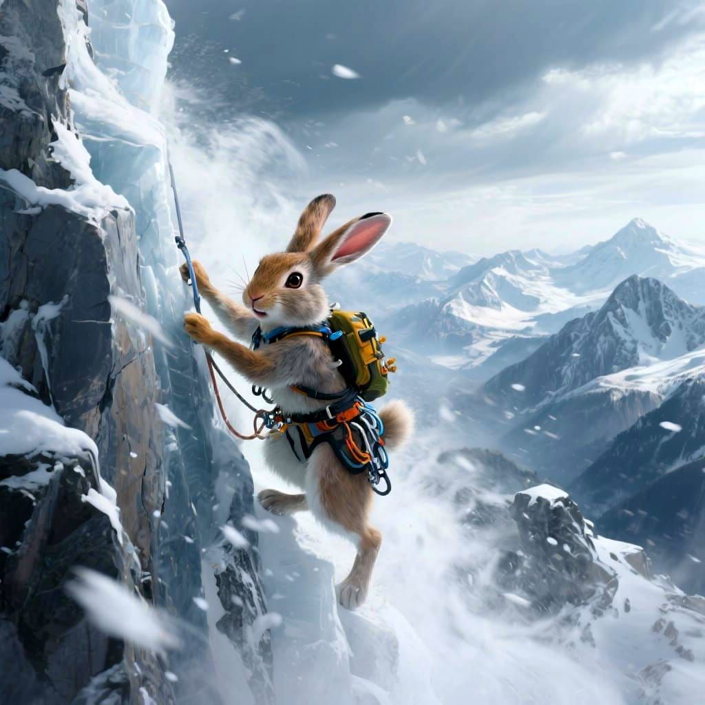 Rabbit Climbs Swiss Alps in Dynamic Action Illustration