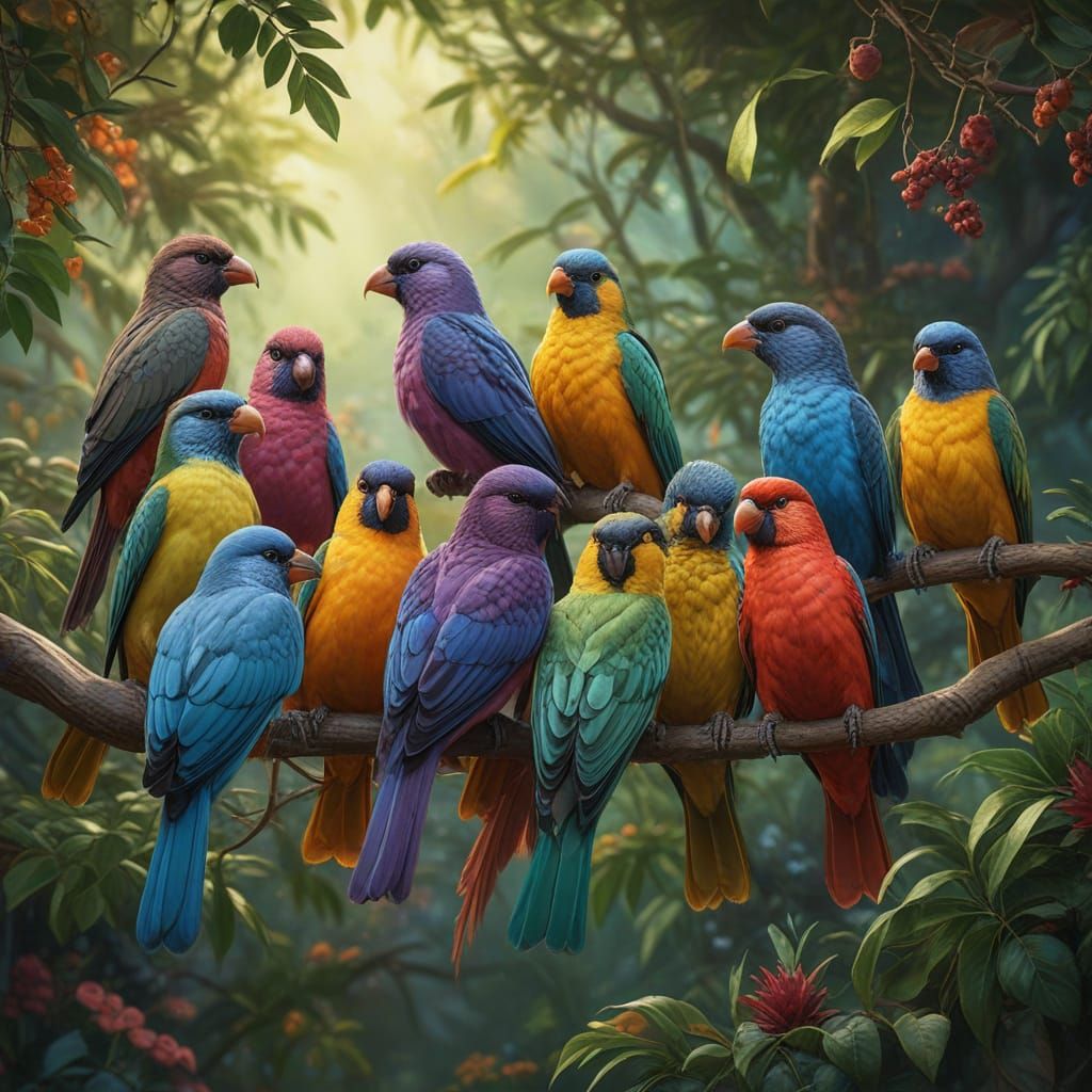 Vibrant Oil Painting of Colorful Birds on a Branch