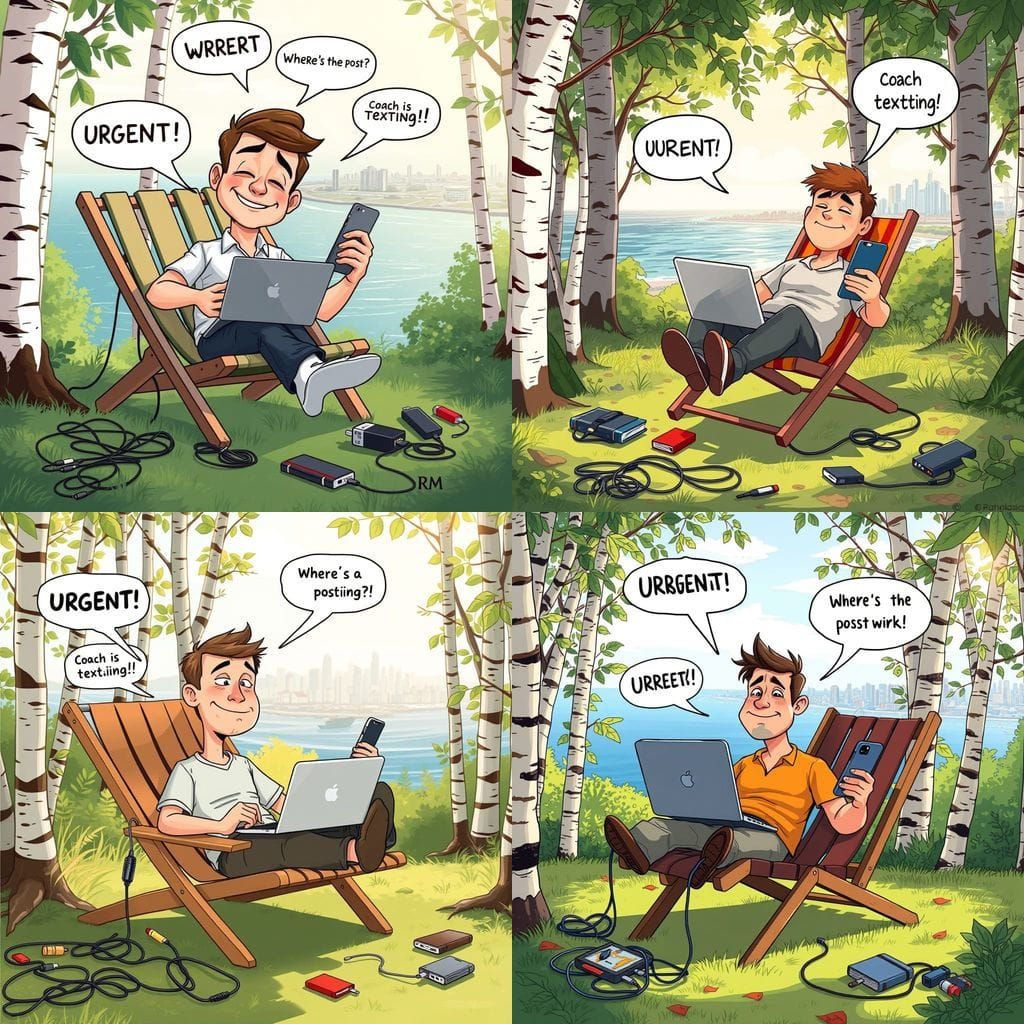 Remote Worker in Forest Clearing: Cartoon Illustration