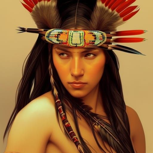 Regal Native American Princess with Wolf, Intricately Detail...