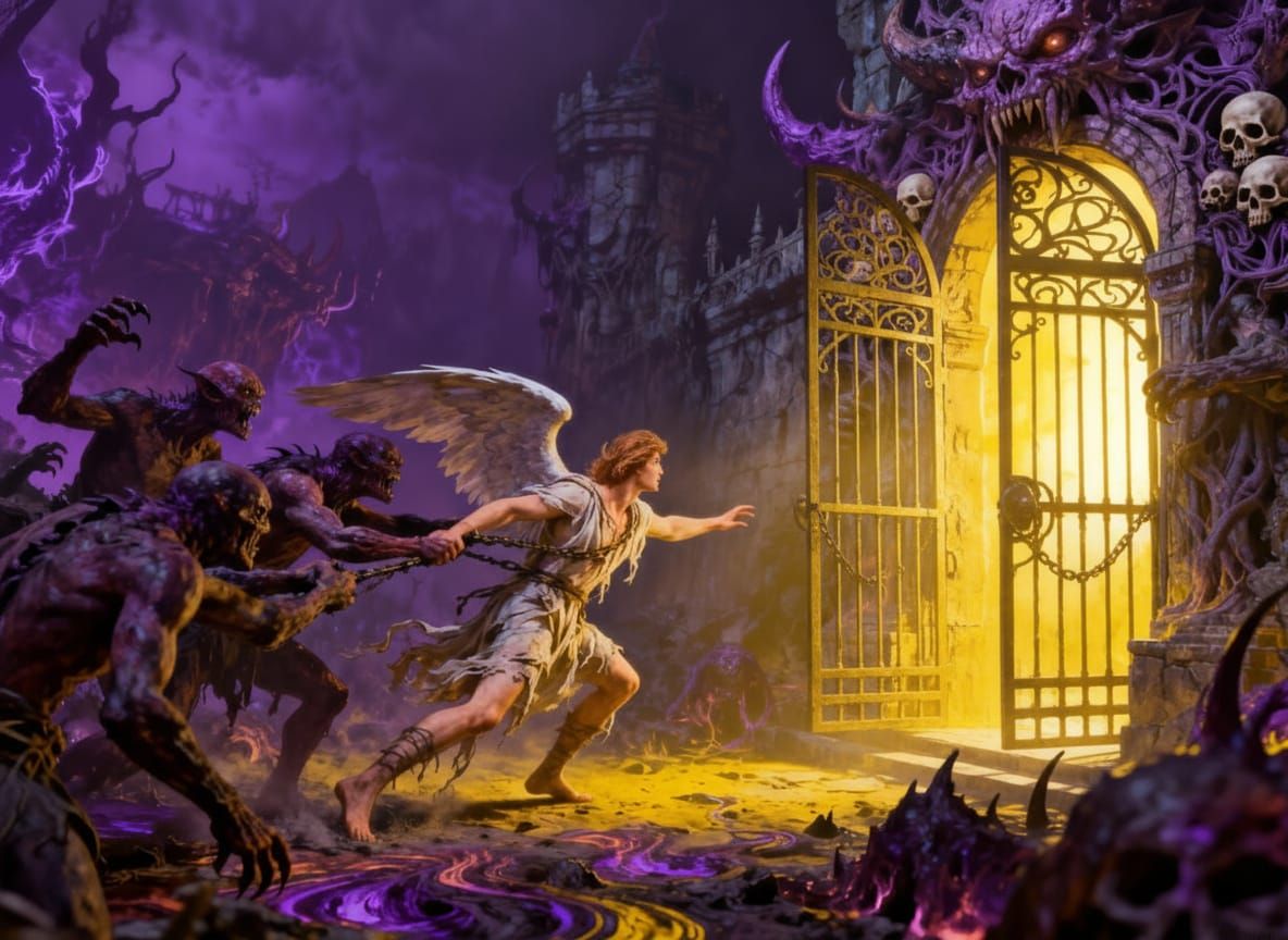 Angel Escaping Psychedelic Hellscape Towards Holy Light