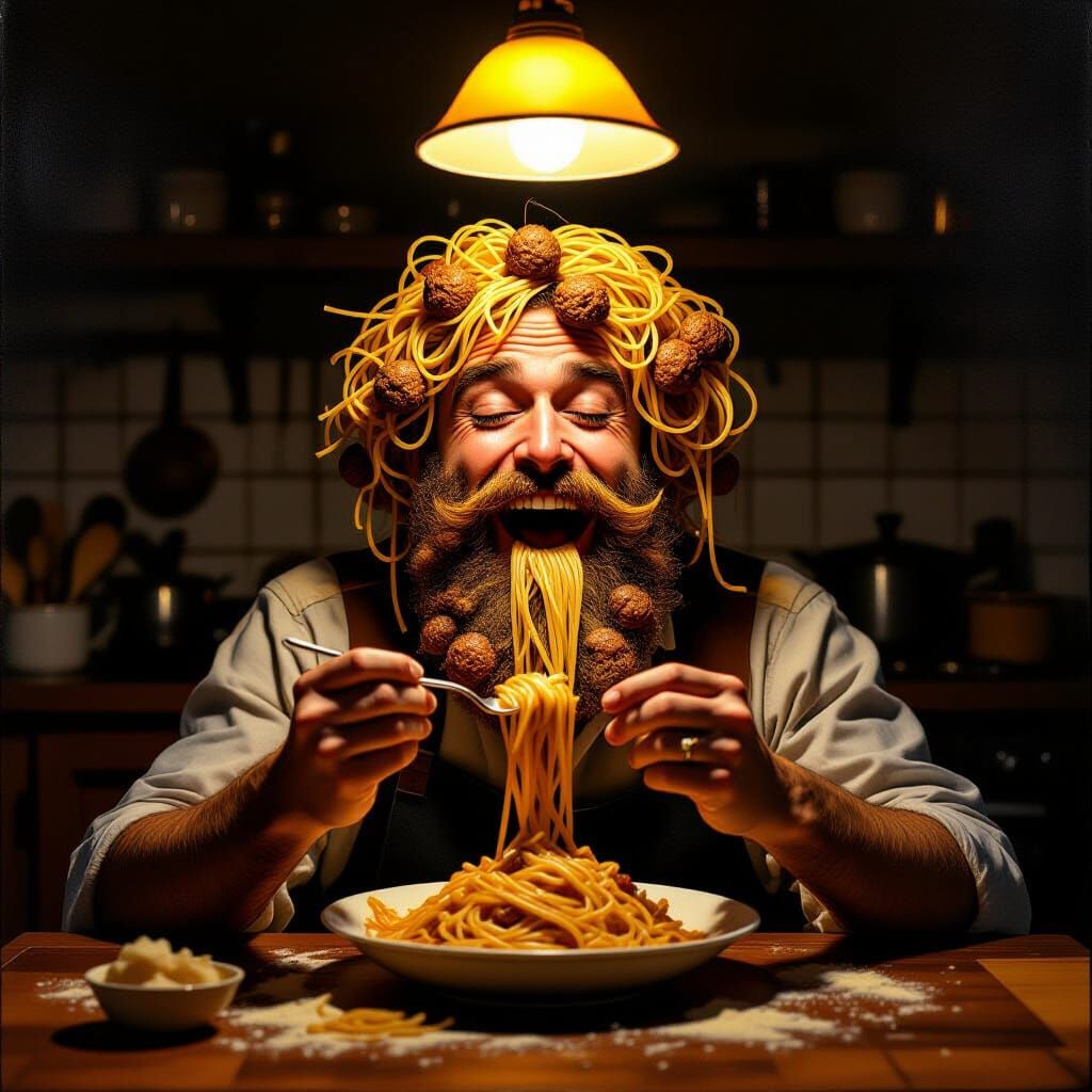 Man with Spaghetti Beard Eats Pasta in Dramatic Light