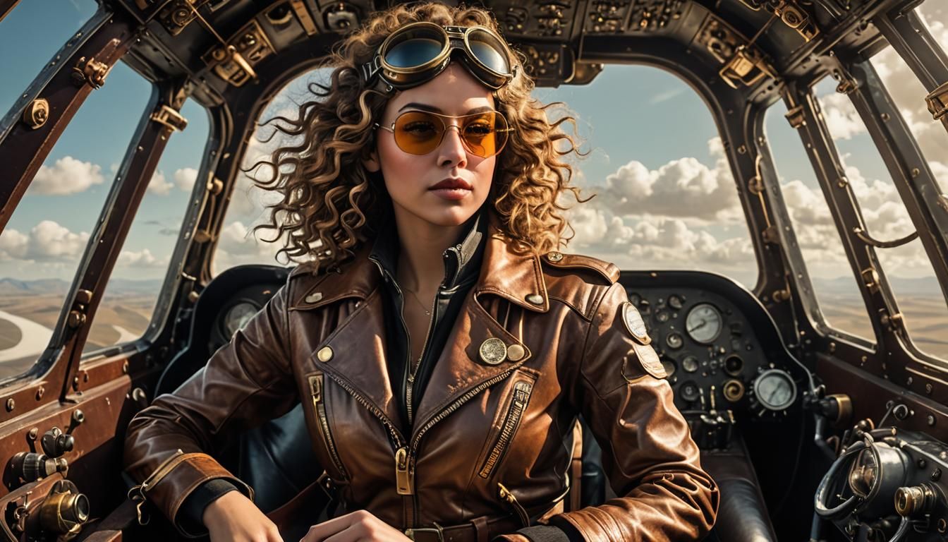 Dieselpunk Woman Pilot in Vintage Aircraft Amidst Turbulent....