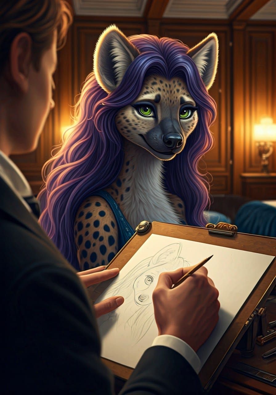 Elegant She-Hyena Sketch in Titanic Stateroom