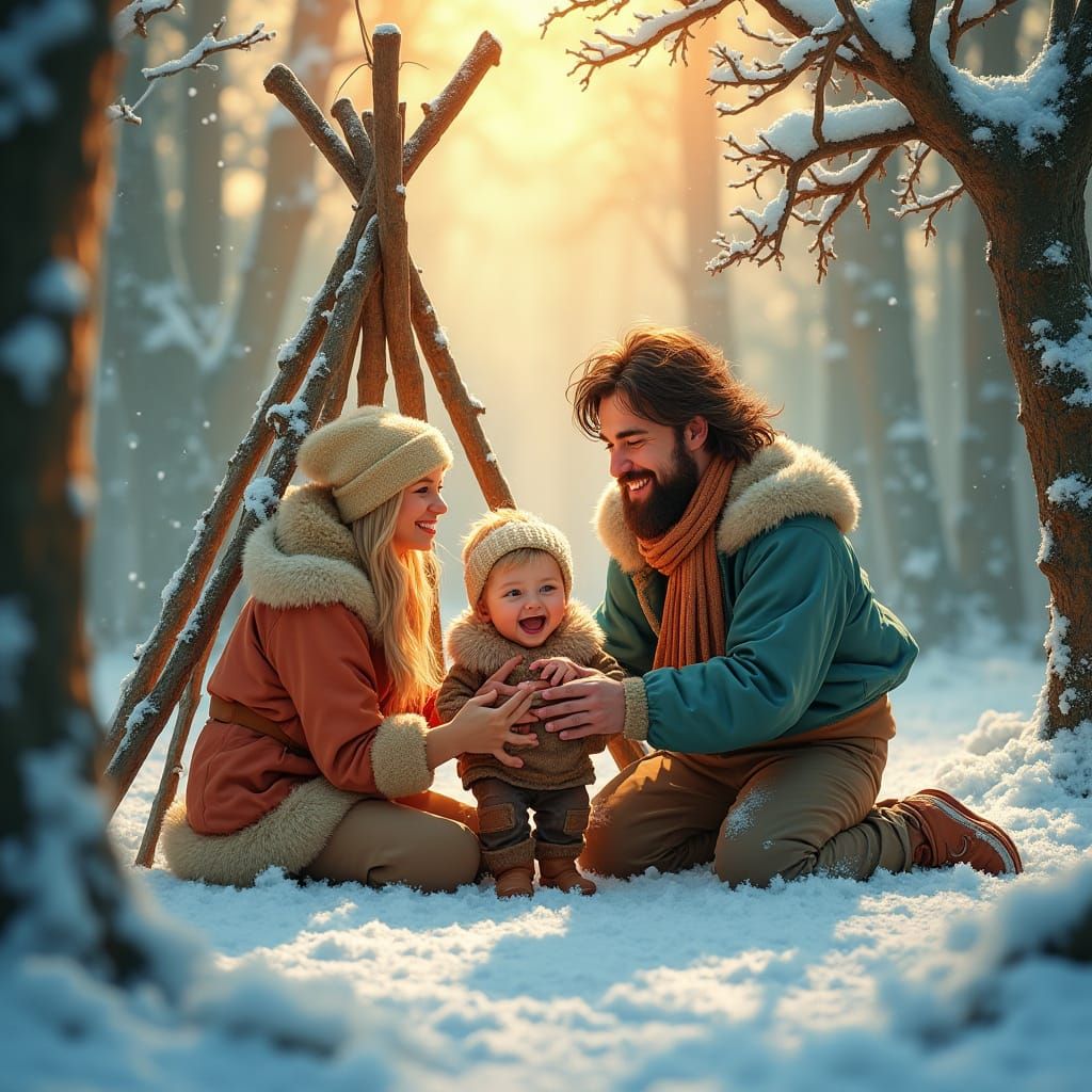 Whimsical Winter Family Scene in Art Nouveau Style