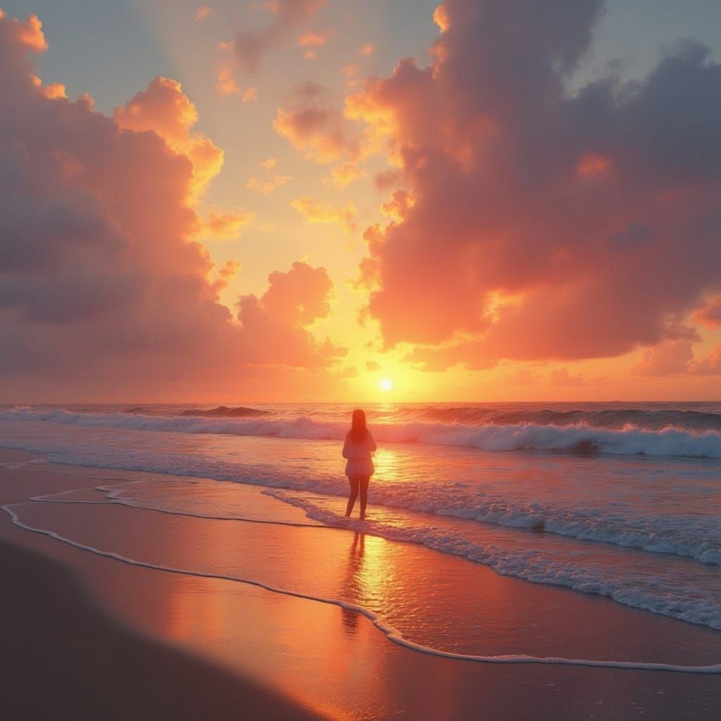 Girl Silhouetted in Ocean Sunrise