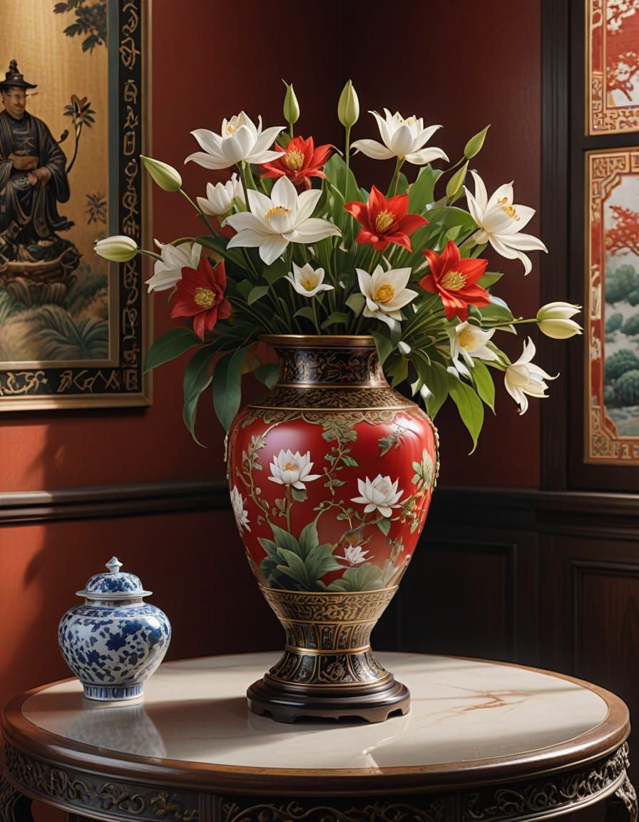 Traditional Chinese Fortune Vase with Red and Gold Accents
