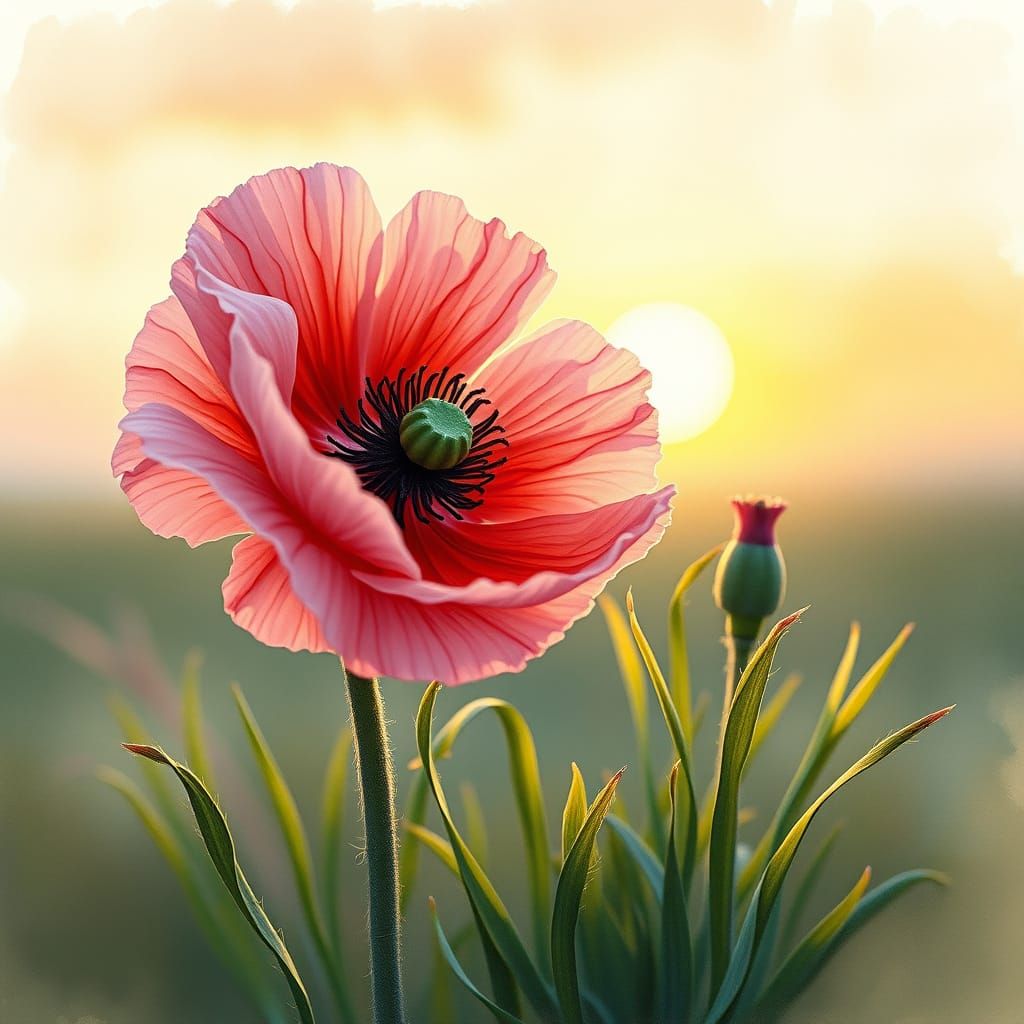 Magical Poppy Flowers at Sunset in Watercolor