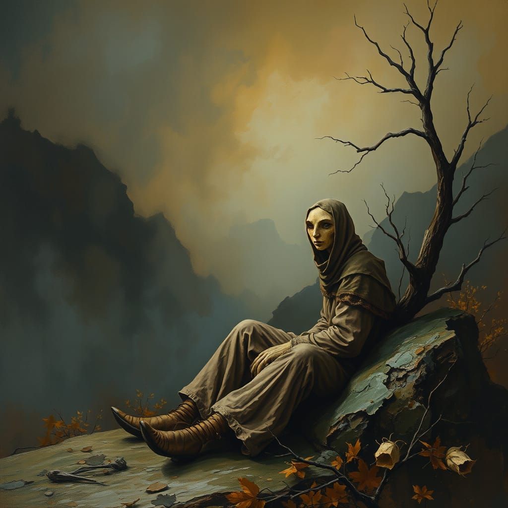 Melancholic Figure in Gouache Style Landscape