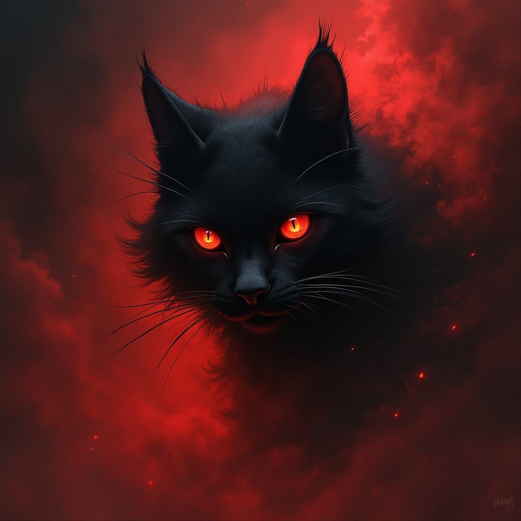 Gothic Feline Horror Emerge from Red Smoke