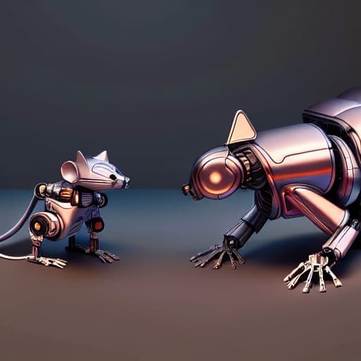Mecha Mouse Confronts Cybernetic Cat in Futuristic Paris
