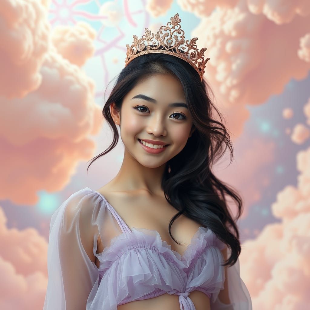 Korean Teenager Radiates Joy in Whimsical Pastel Dreamscape