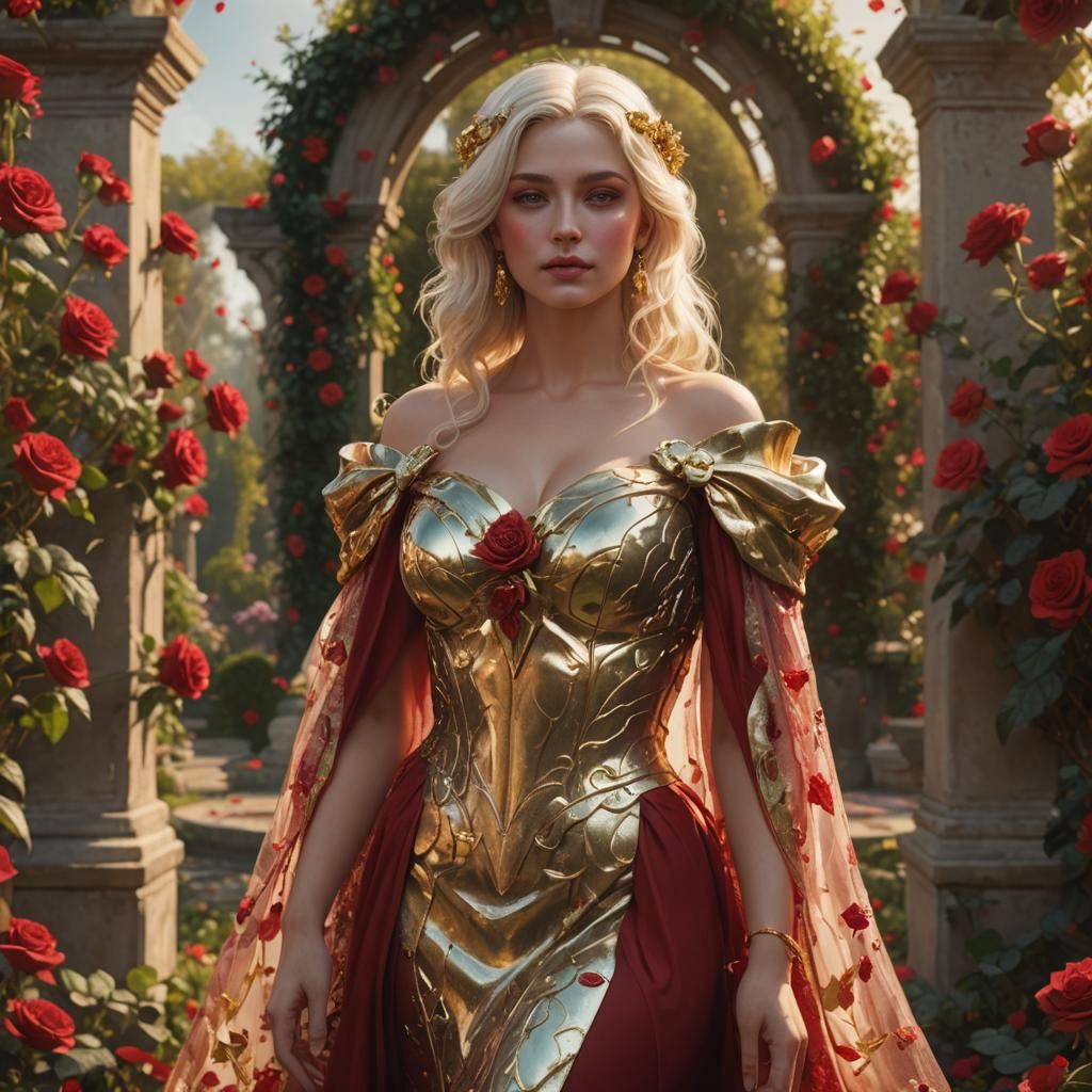 Elegant Goddess in a Red Rose Garden