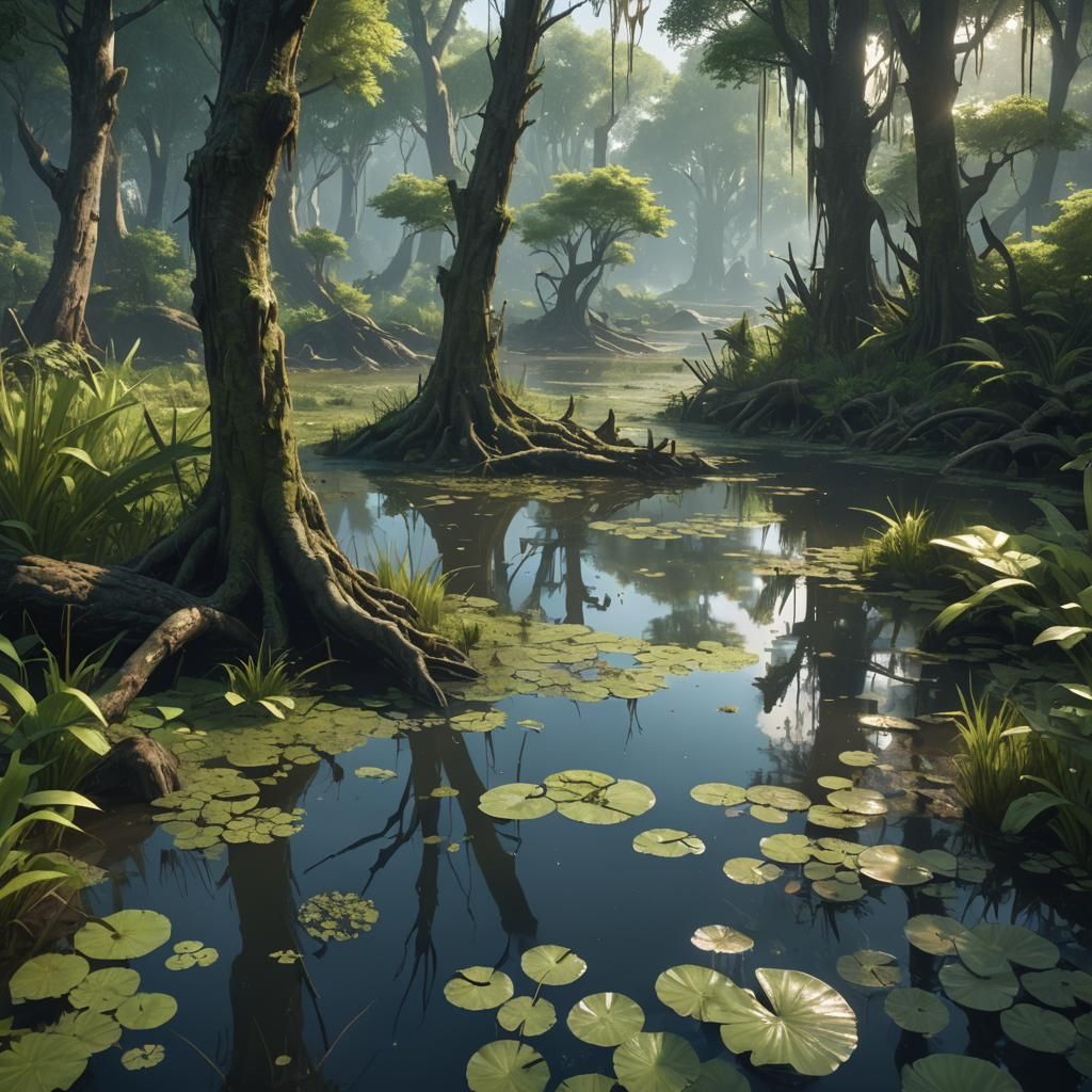 Mysterious 8K Swamp Landscape in Cyberpunk Anime Style