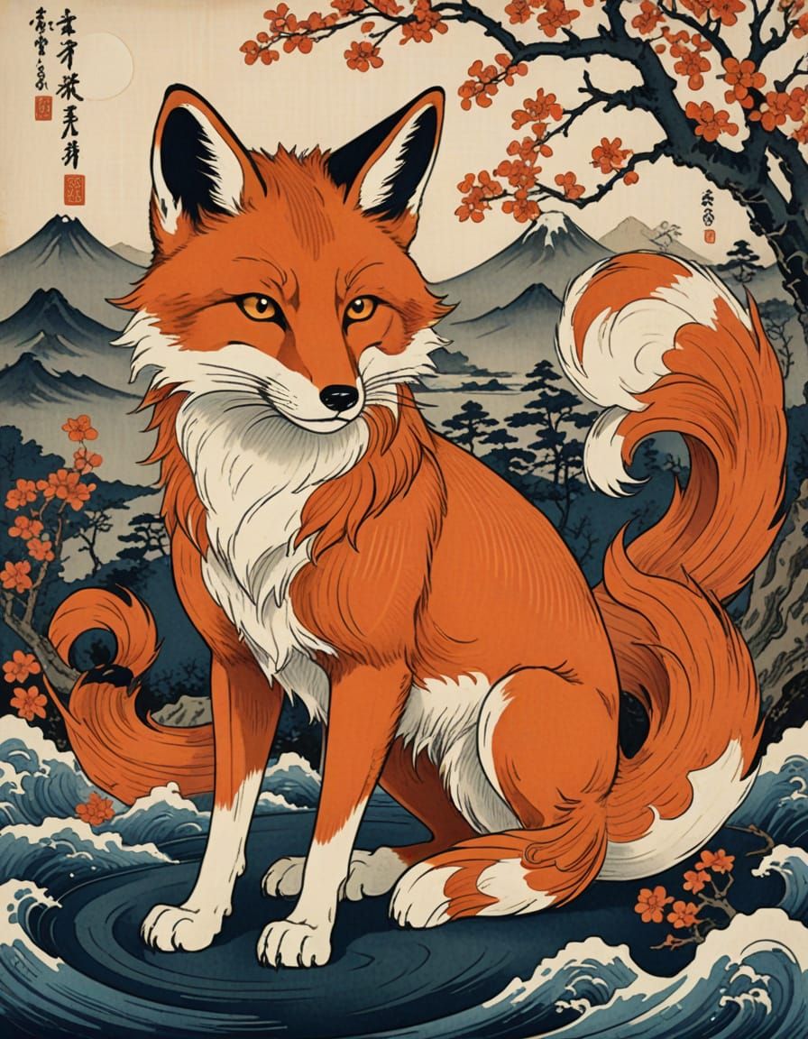Kitsune with Nine Tails in Ukiyo-e Style