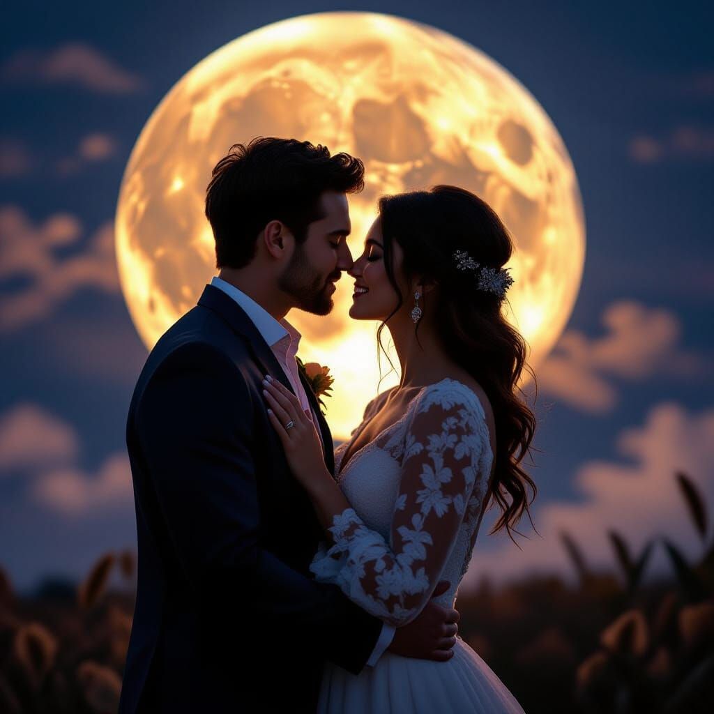 Couple's First Kiss Under Harvest Moon - Hyperrealistic Roma...