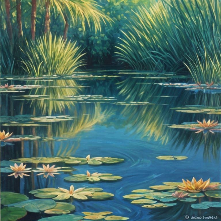 A Tranquil Pond Scene in Watercolor Style