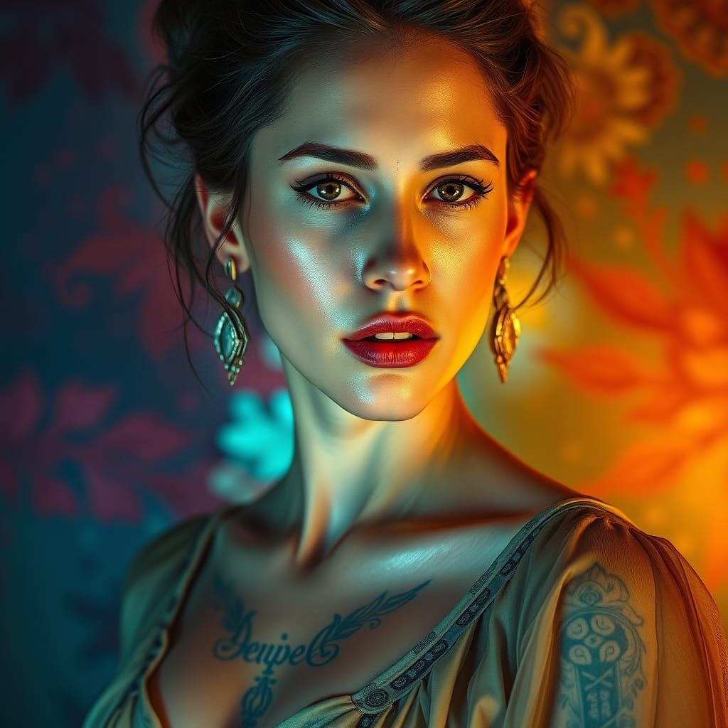 Hyperrealistic Portrait of a Woman with Intricate Tattoos