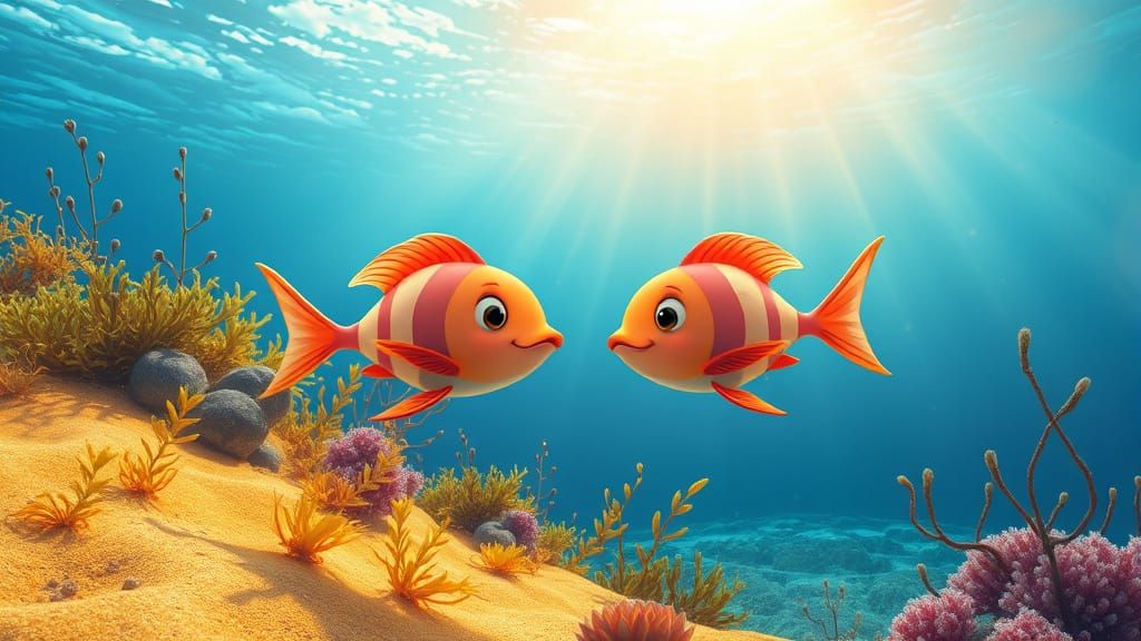 Surreal Underwater Scene with Elongated Cartoon Fish in Past...