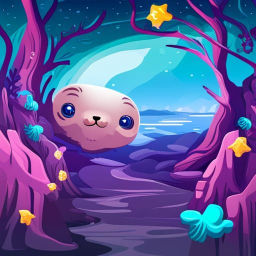 Cartoon Baby Seal in a Vibrant Sea Forest