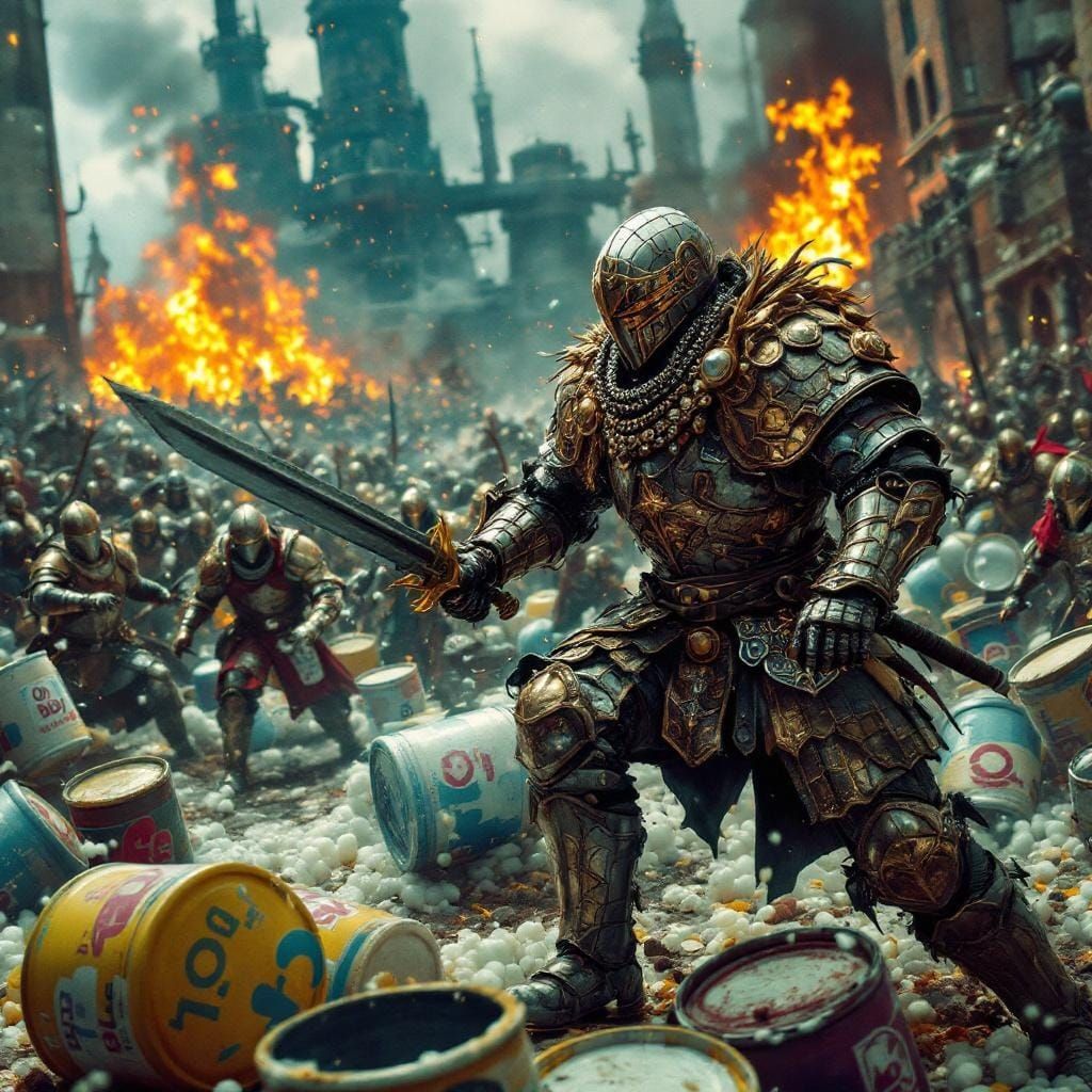 Medieval Battle for Baby Oil in Dystopian Realism Style
