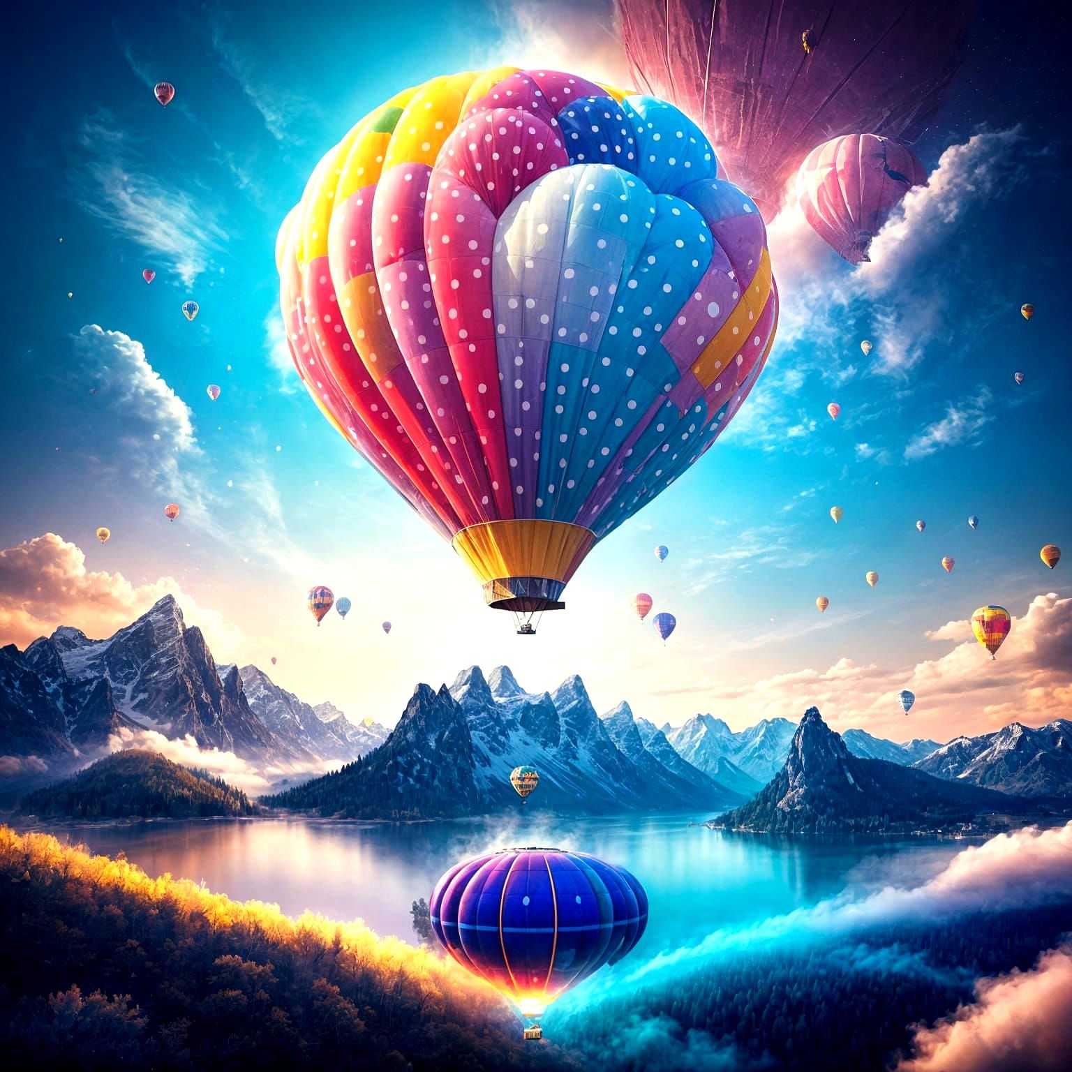 Colorful Polka Dot Mountains and Balloons