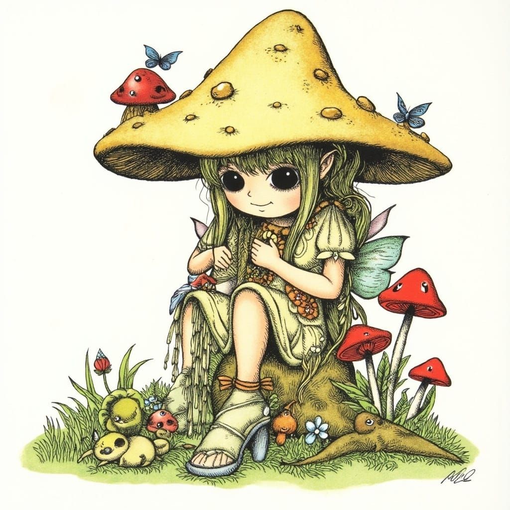Whimsical Mushroom Pixie in a Watercolor Fantasy